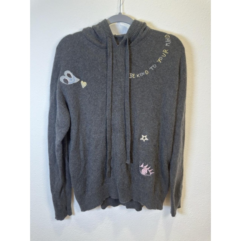 Zadig & Voltaire Sweater Womens Large Gray Cashmere Hooded Graphic Love Quotes